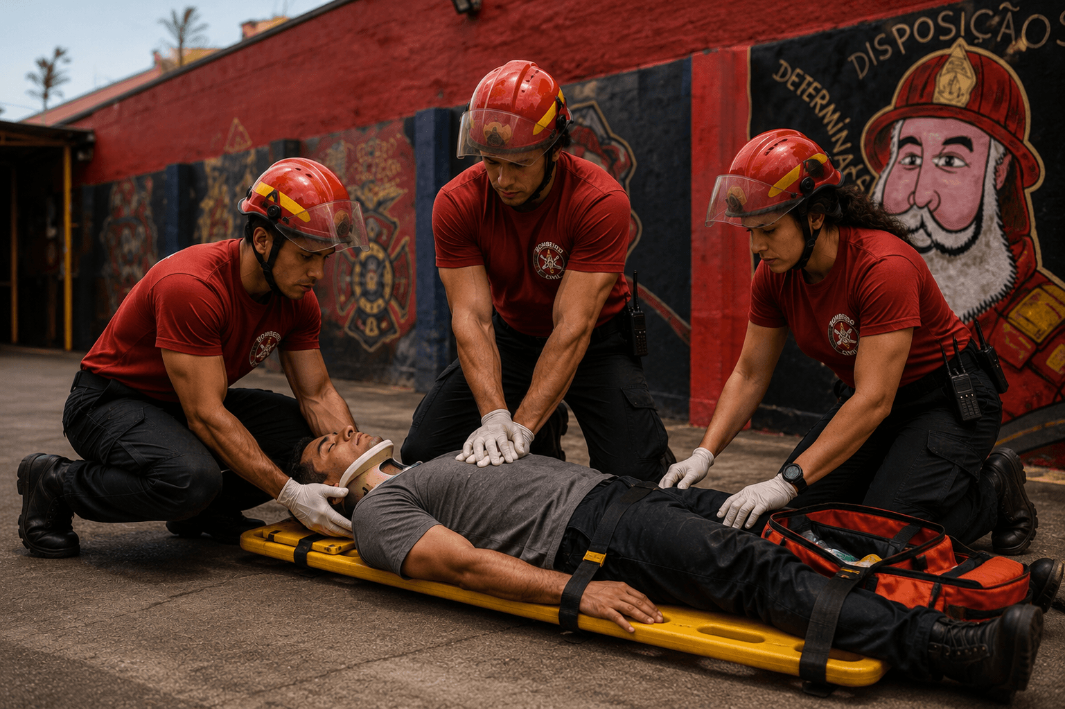 Bombeiros civis realizando atendimento prático de primeiros socorros