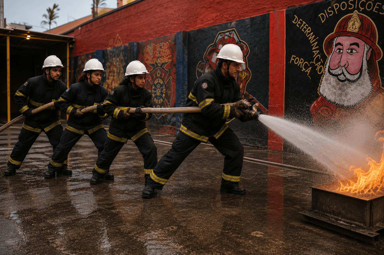 Bombeiros civis combatendo um incêndio durante treinamento prático
