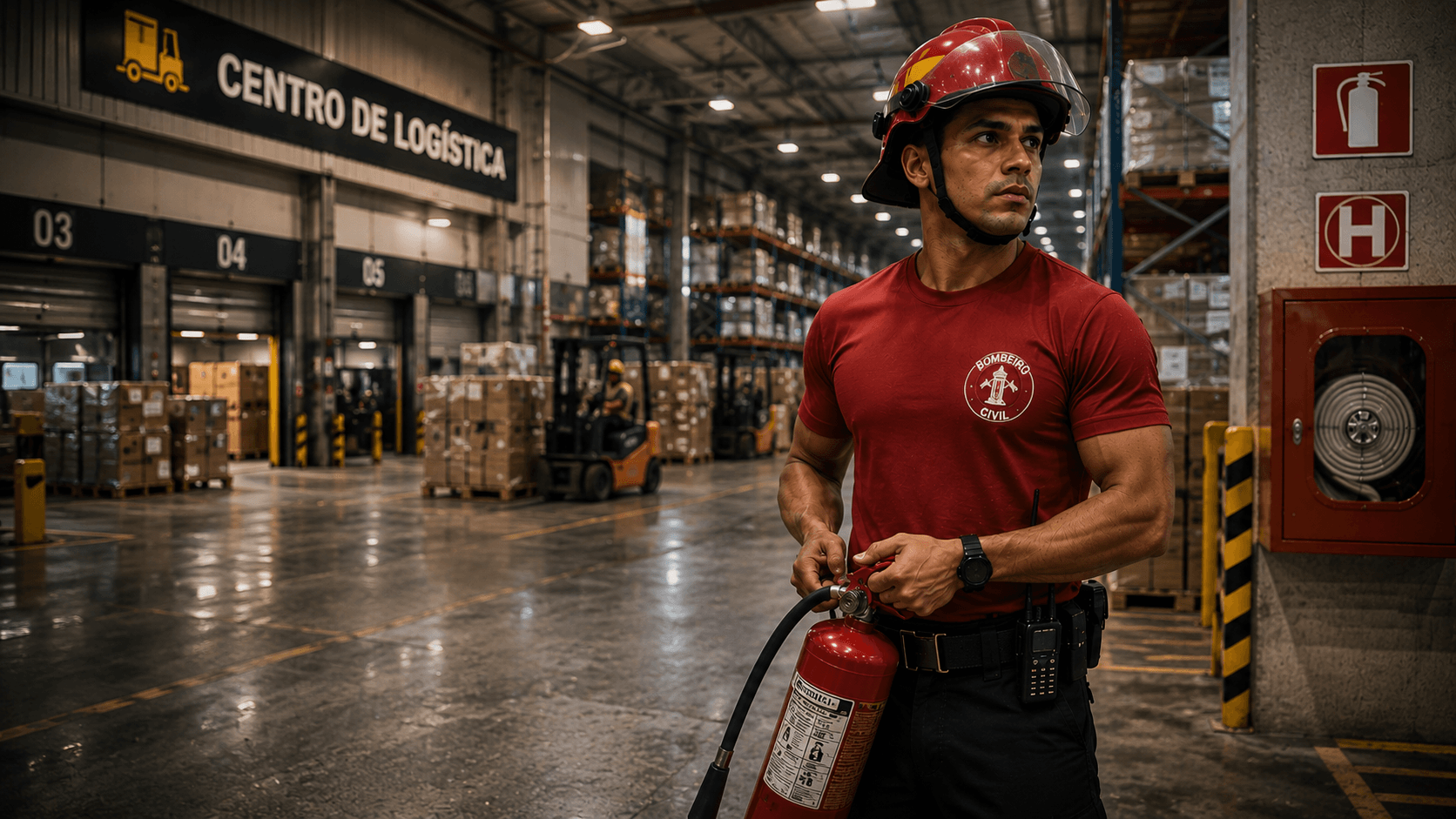 Bombeiro Civil com capacete vermelho e extintor em um centro logístico
